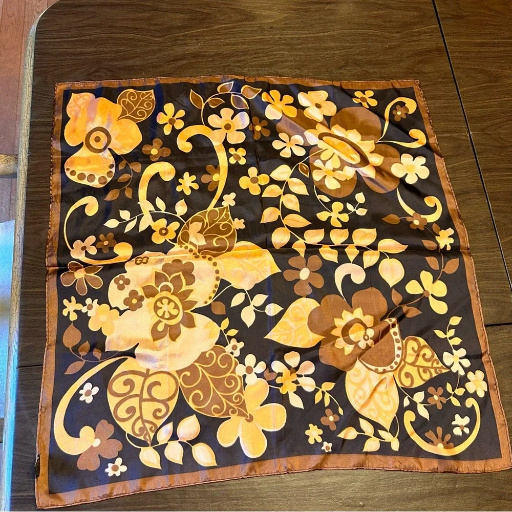 Groovy Floral Square Scarf Brown Copper Tones - OEI